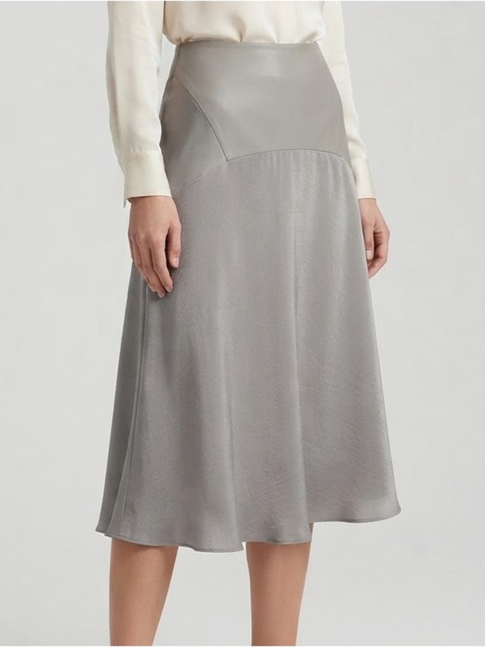 My Tribe Grey A-Line Skirt with Genuine Leather Panel